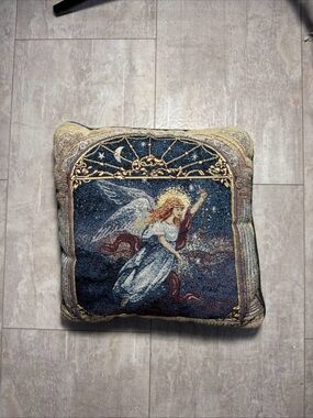 Embroidered Angel Tapestry Pillow in Navy & Gold Lina Lou 14”x15”